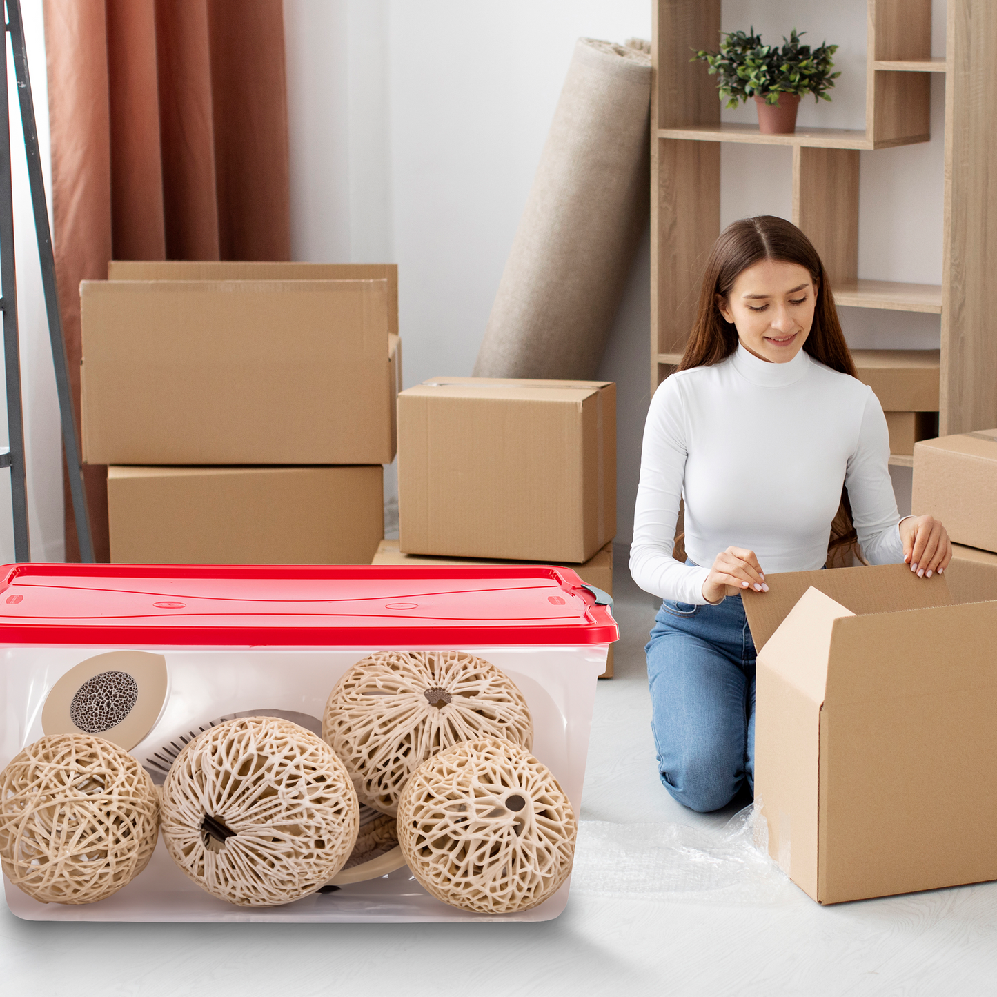 Rubbermaid Cleverstore 18 Gal Plastic Holiday Storage Tote, Clear & Red, 4 Pack