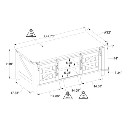 OKD Farmhouse 48 Inch Coffee Table with Sliding Barn Doors, Dark Rustic Oak