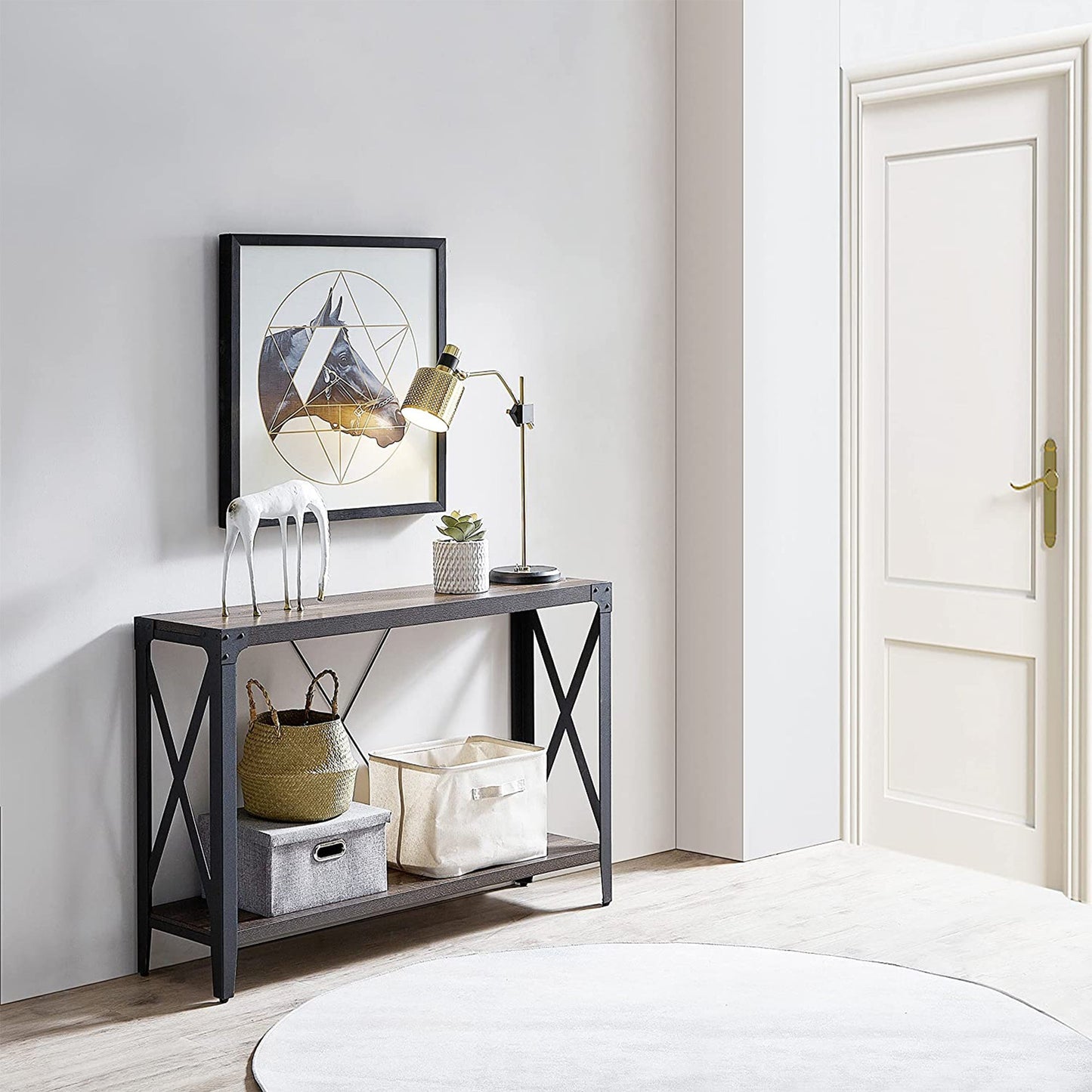 OKD 46 Inch 2-Tier Console Sofa Hallway Entryway Accent Table, Dark Rustic Oak