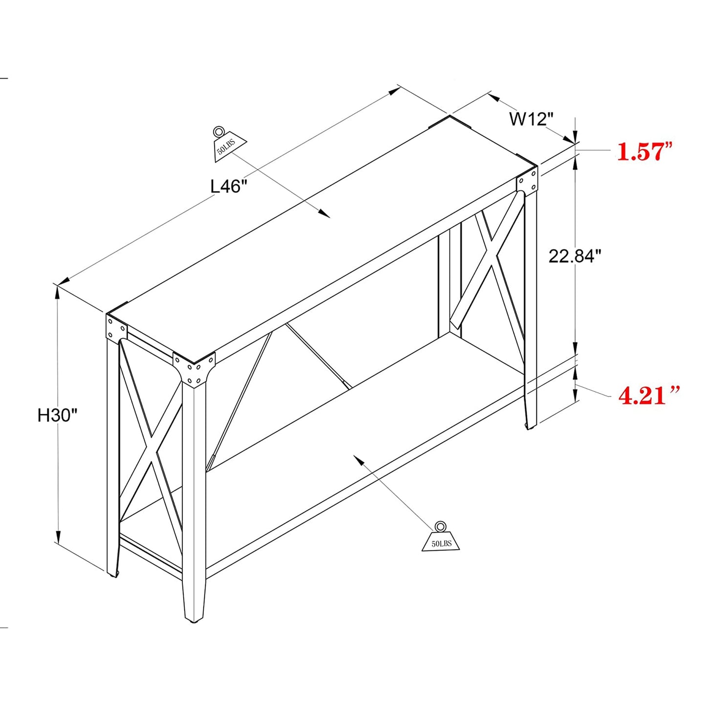 OKD 46 Inch 2-Tier Console Sofa Hallway Entryway Accent Table, Dark Rustic Oak