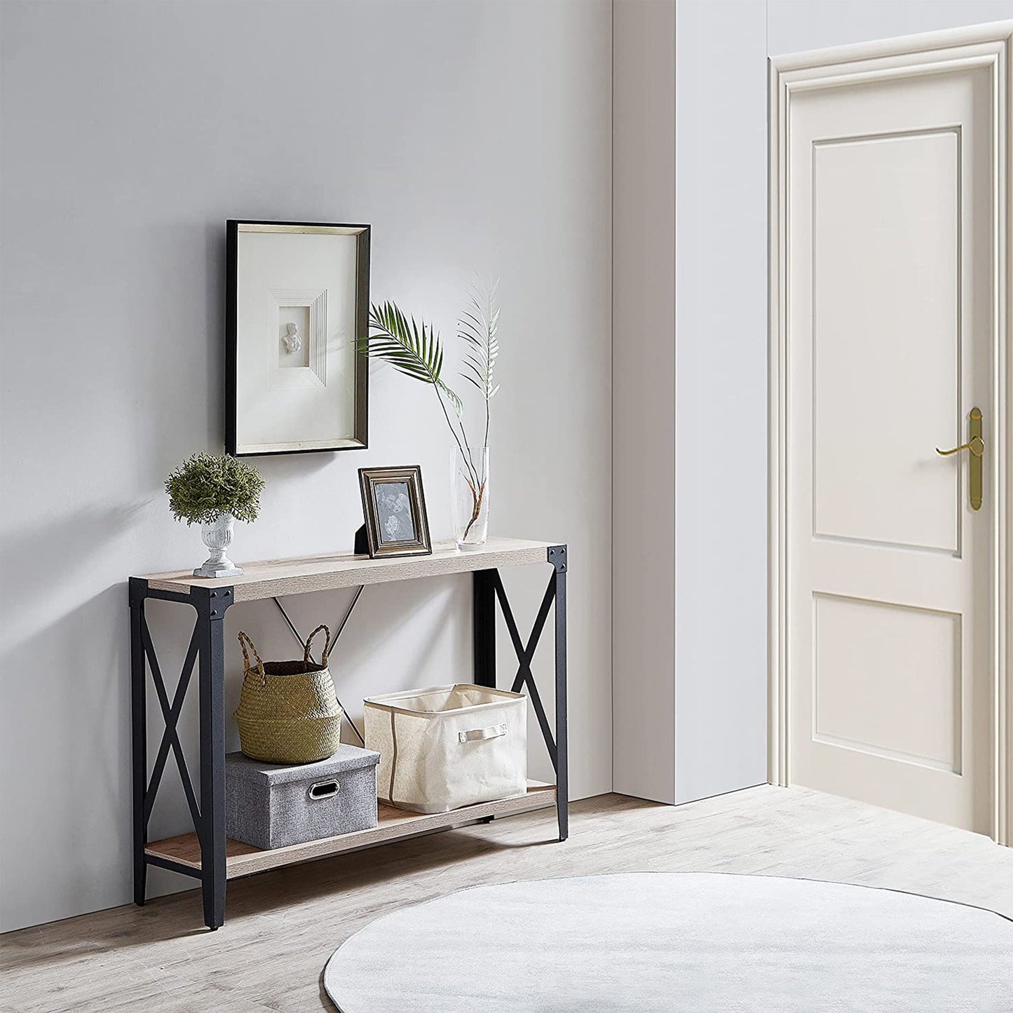 OKD 46 Inch 2-Tier Console Sofa Hallway Entryway Accent Table, Light Rustic Oak