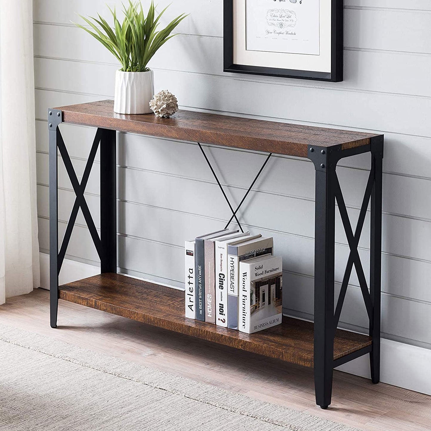 OKD 46 Inch 2-Tier Console Sofa Hallway Entryway Accent Table, Barnwood Brown