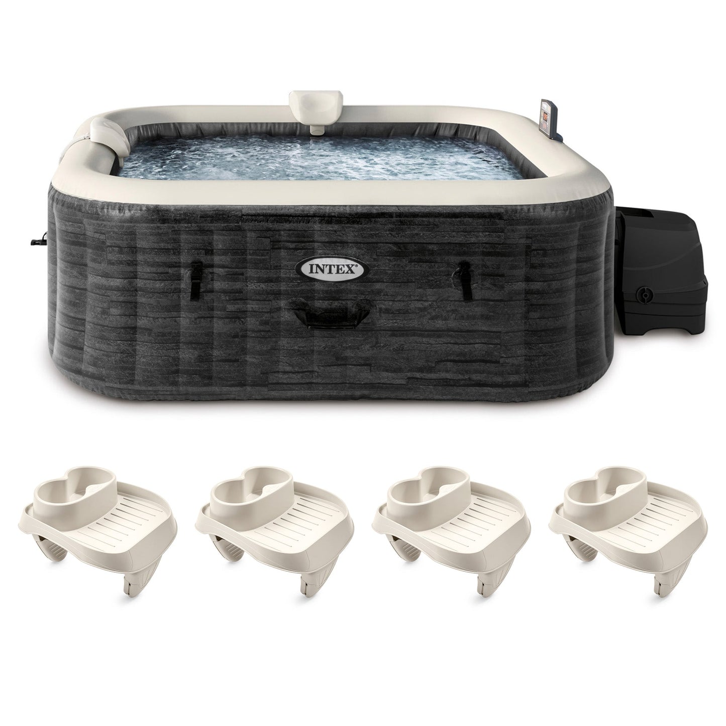 Intex PureSpa Plus Inflatable Square Spa & Attachable Snack Tray, Tan (4 Pack)