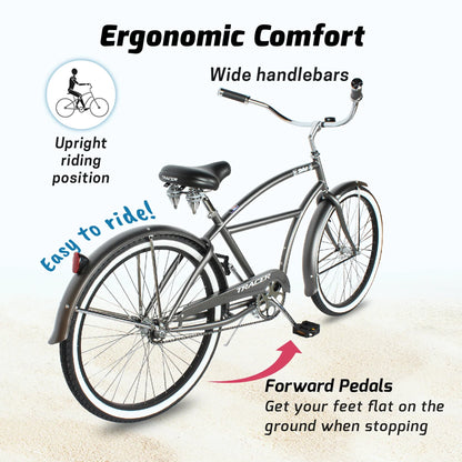 TRACER Taha 26 Inch Beach Cruiser 7 Speed Steel Frame Men's Bicycle, Matte Grey