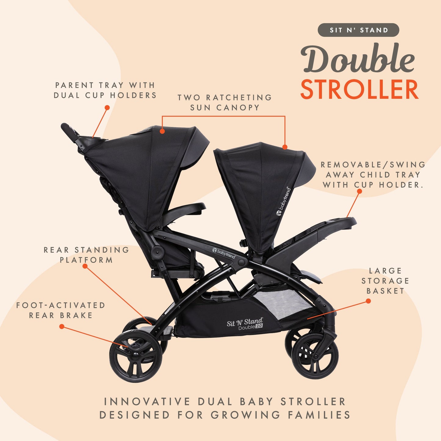 Baby Trend Sit N' Stand Double Stroller 2.0 DLX w/5 Point Safety Harness, Stormy