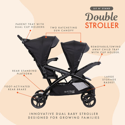 Baby Trend Sit N' Stand Double Stroller 2.0 DLX w/5 Point Safety Harness, Stormy