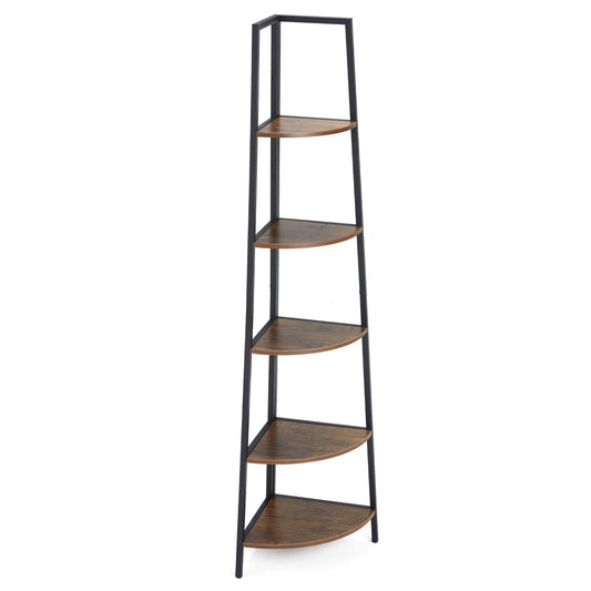 JOMEED 5 Shelf Corner Etagere Ladder Bookcase for Corner Space, Black and Brown