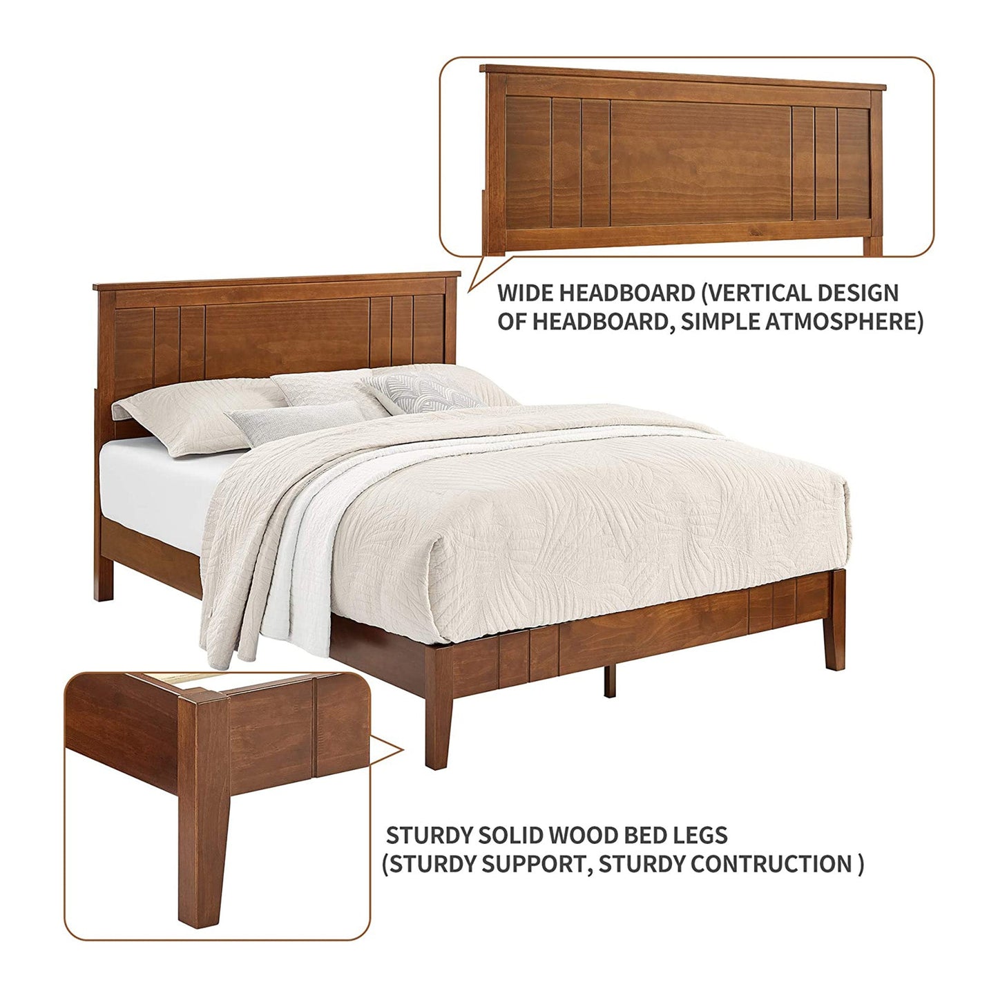 MUSEHOMEINC Mid Century Modern Solid Pinewood Platform Bed with Headboard, Full