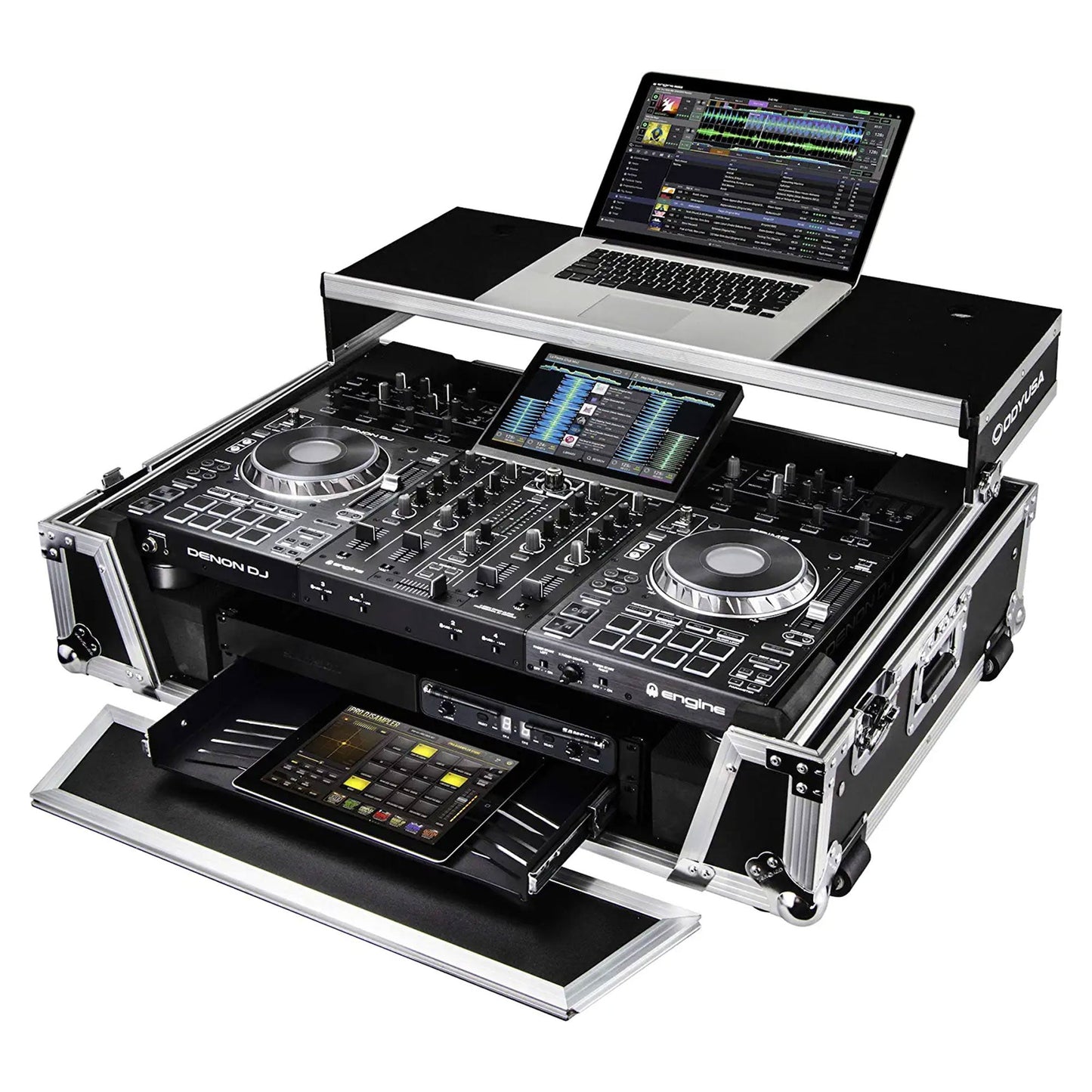 ODYSSEY FZGSPRIME4W2 Denon Prime 4 Flight Zone Case with Laptop Platform & Racks