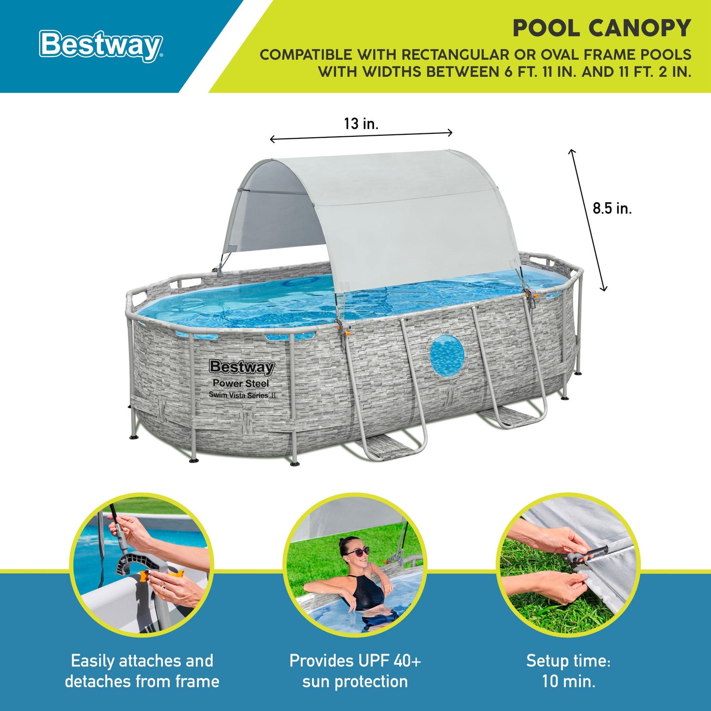 Bestway Flowclear UPF 40+ Canopy for 6' to 11' Wide Rectangular or Oval Pools