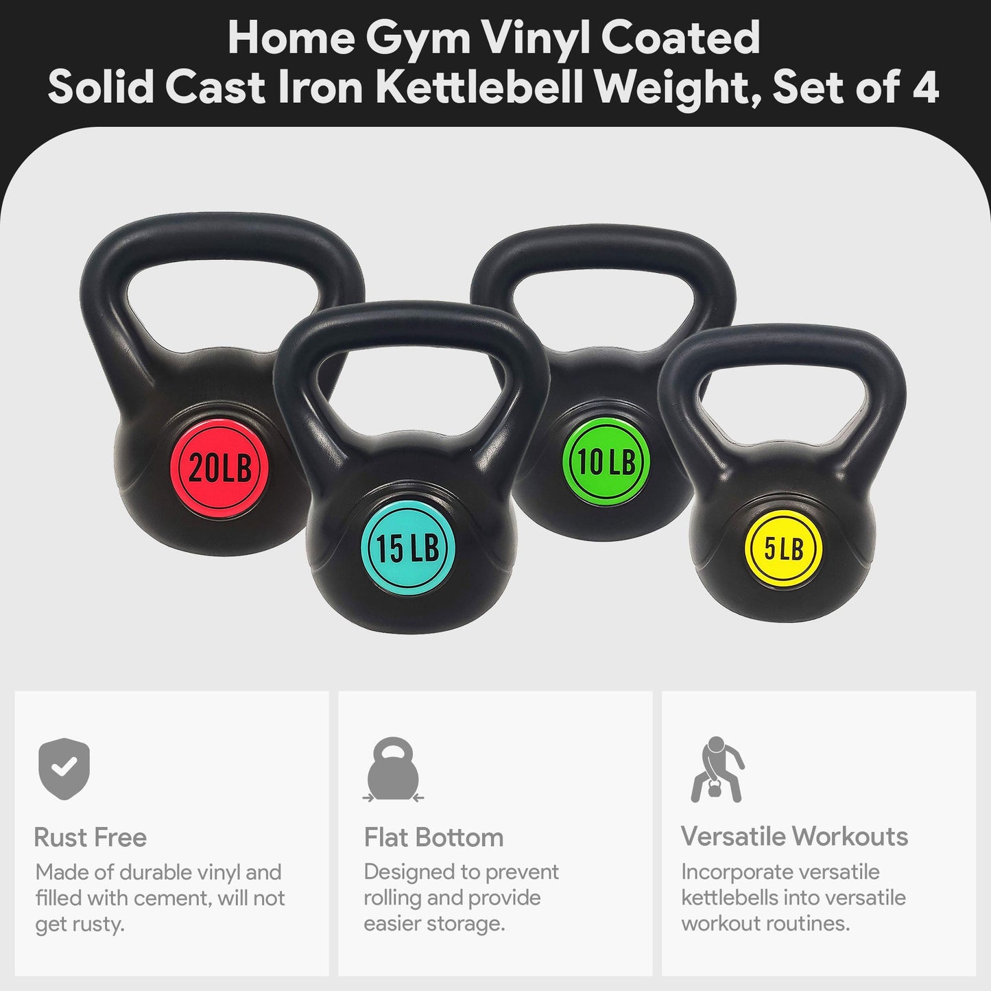 BalanceFrom Fitness Home Gym Vinyl Coated Solid Cast Iron Kettlebell Weight Set