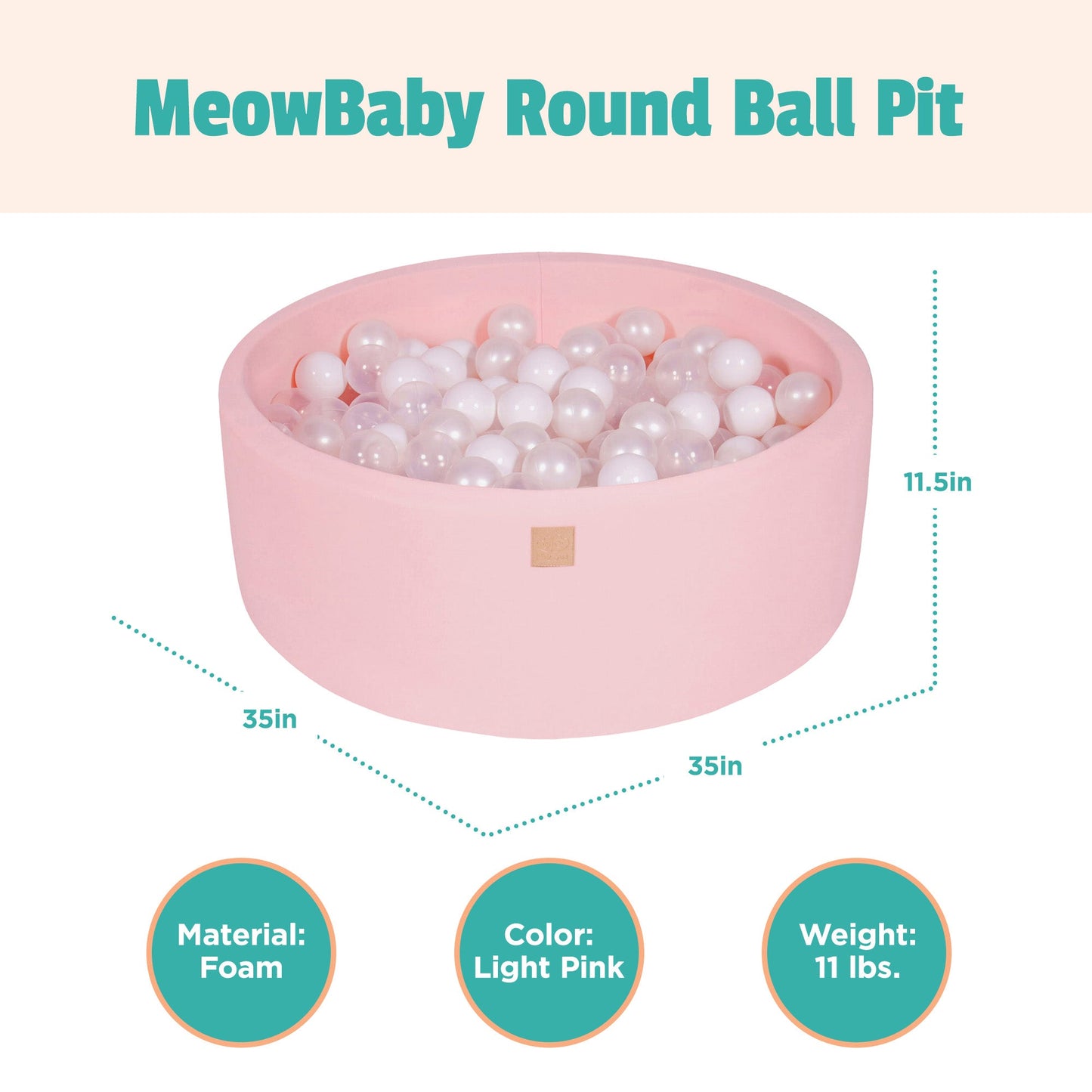 MeowBaby Round 35 x 11.5 Inch Baby Foam Ball Pit w/ 200 Balls, Light Pink/Pearl