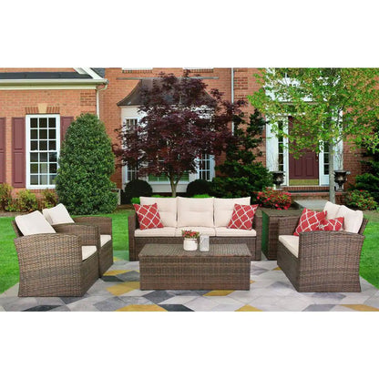 Edyo Living 6-Piece Brown Wicker Patio Furniture Conversation Seating Set, Beige