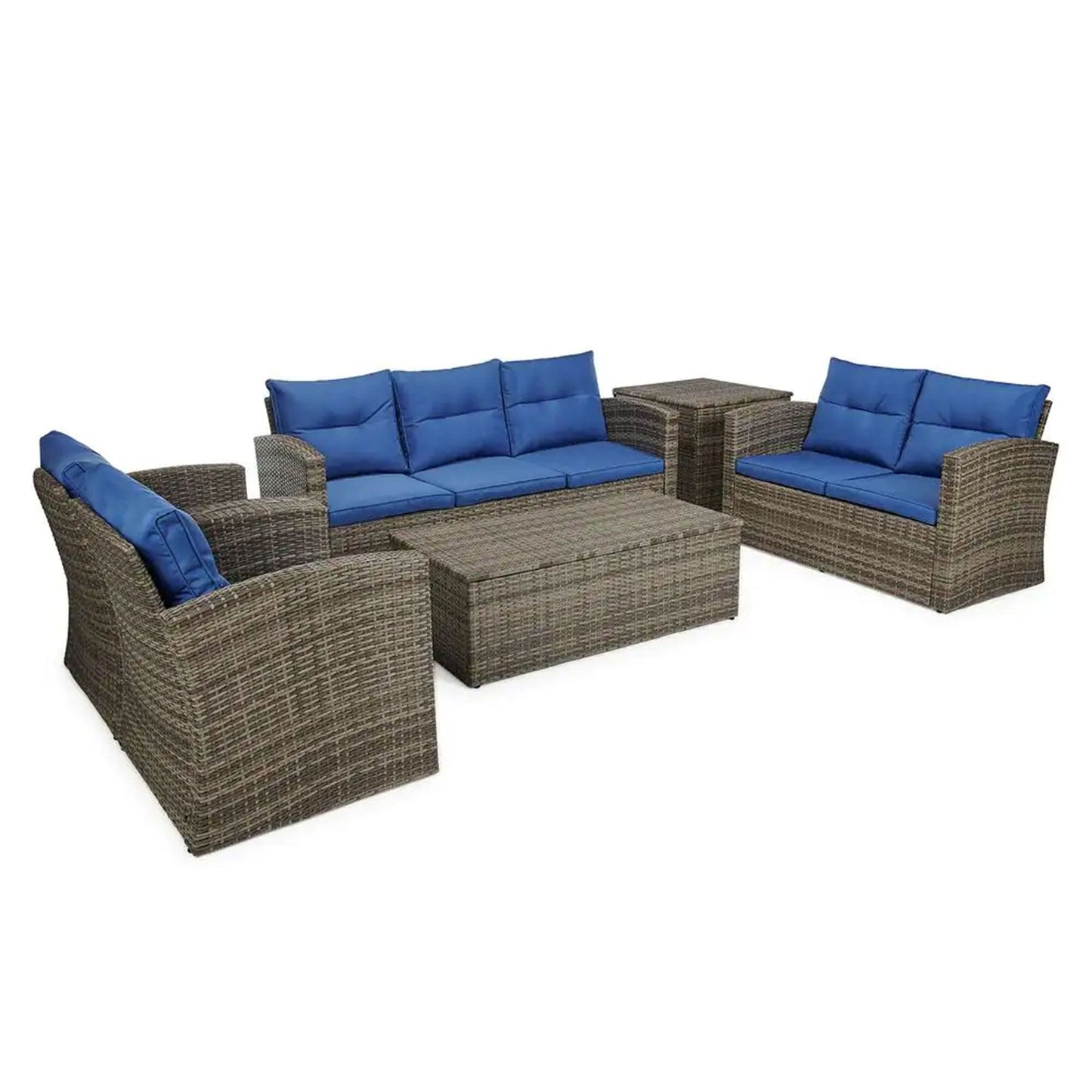 Edyo Living 6-Piece Gray Wicker Patio Furniture Conversation Seating Set, Blue