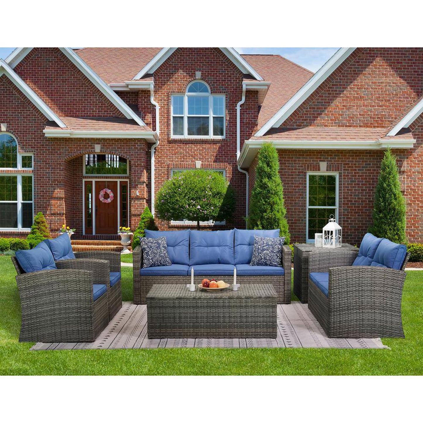 Edyo Living 6-Piece Gray Wicker Patio Furniture Conversation Seating Set, Blue