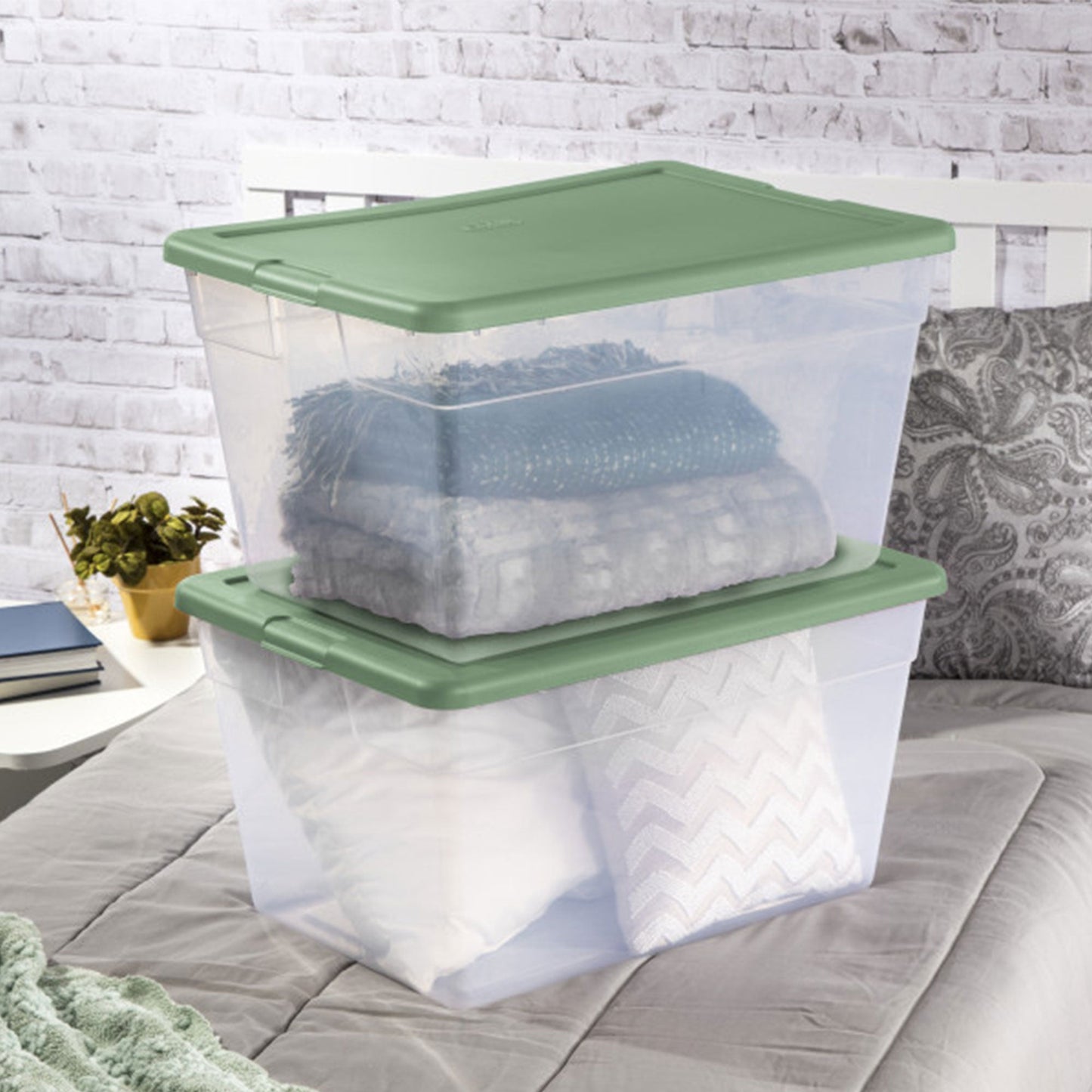 Sterilite 56 Quart Plastic Stackable Storage Container Tote, Crisp Green, 8 Pack