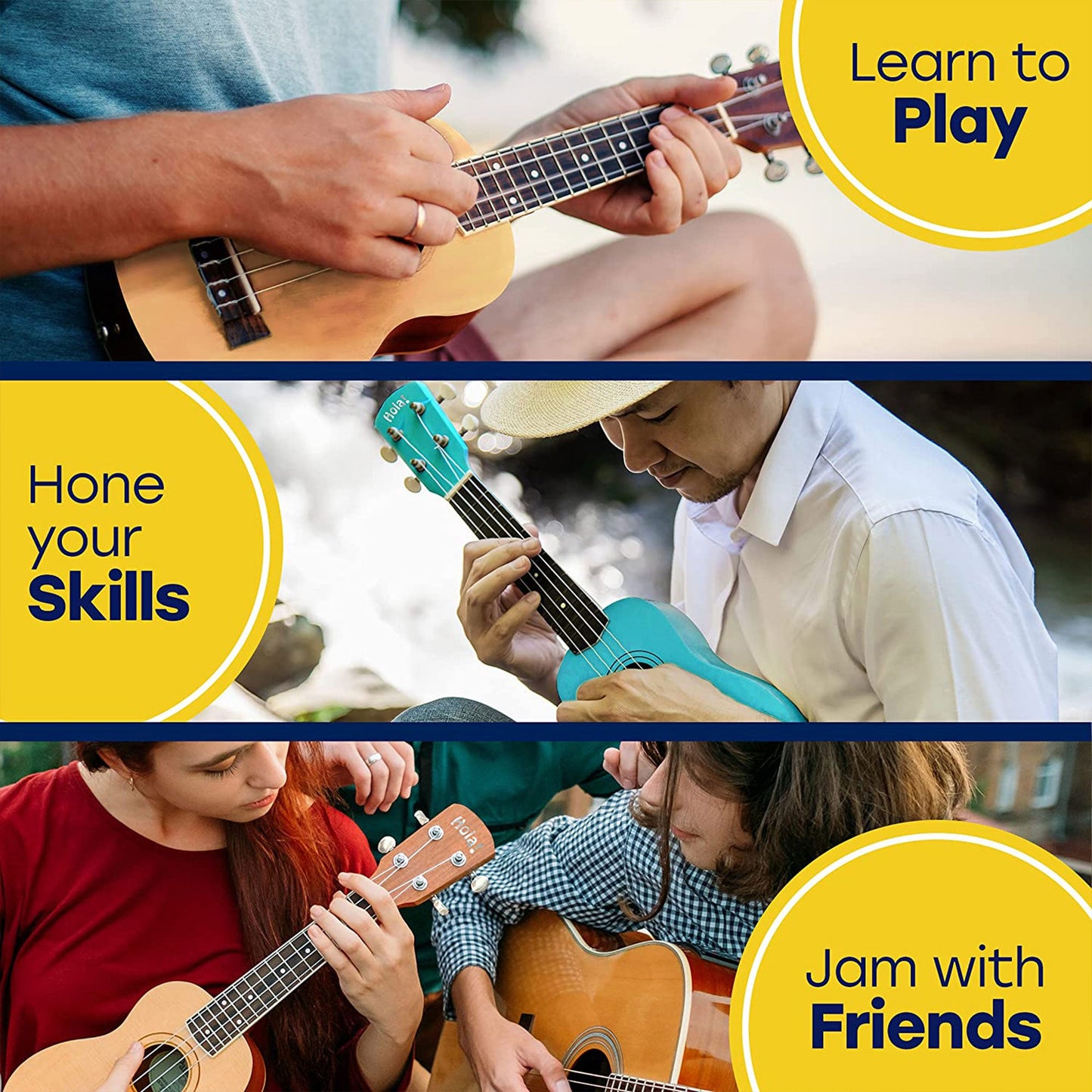 Hola! Music Color Series Soprano Ukulele with Tote Bag, Strap, & Picks, Natural