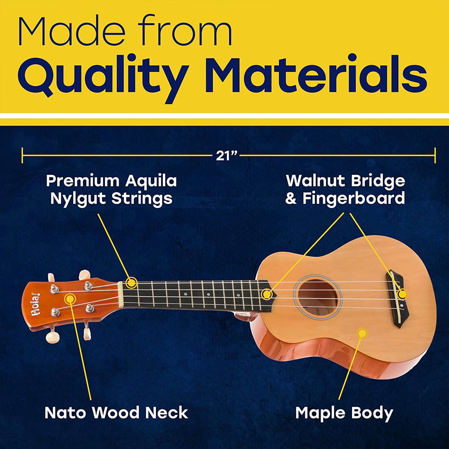 Hola! Music Color Series Soprano Ukulele Set with Tote Bag, Strap, & Picks, Pink