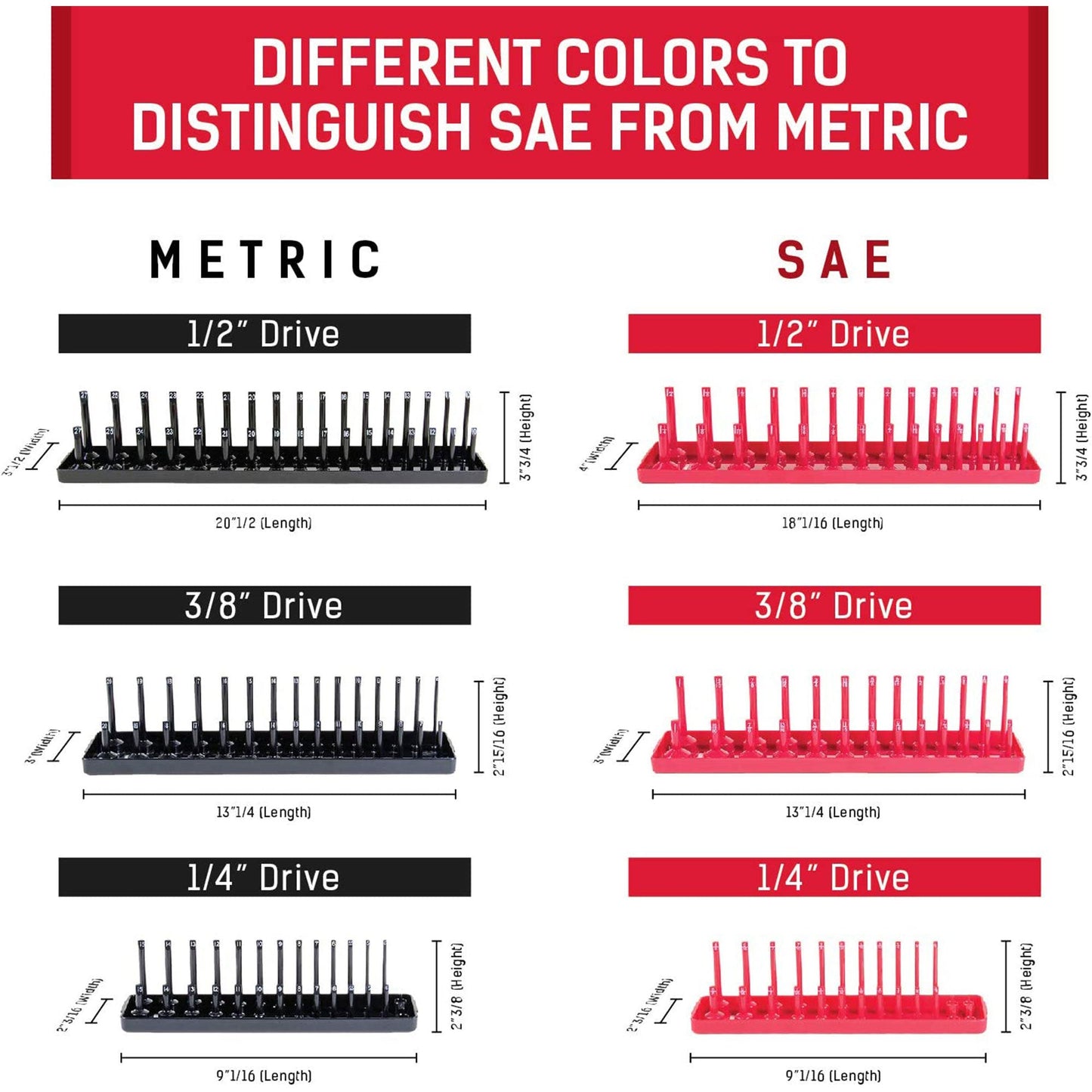B&C Home Goods 6 Piece SAE & Metric Tray Socket Holder Toolbox Organizer Storage