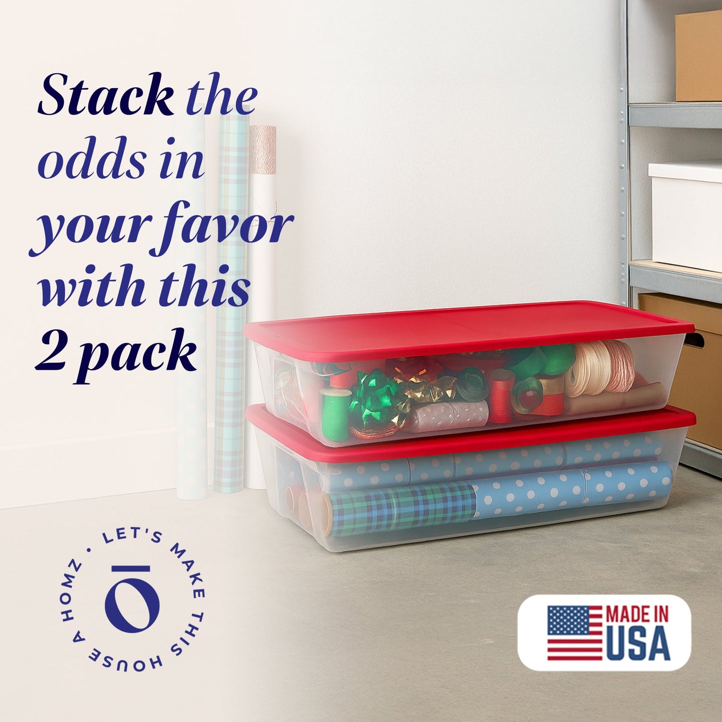 Homz 41Qt Clear Plastic Holiday Storage Container with Red Snap Lock Lid, 2 Pk