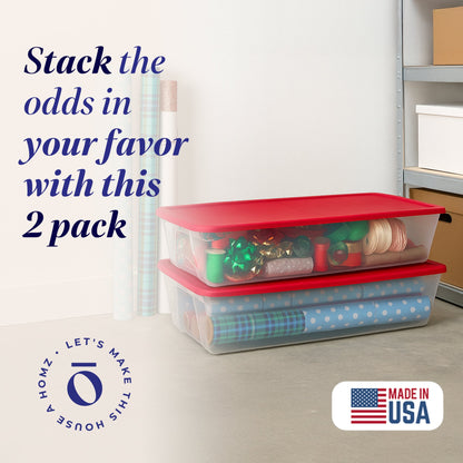 Homz 41Qt Clear Plastic Holiday Storage Container with Red Snap Lock Lid, 2 Pk