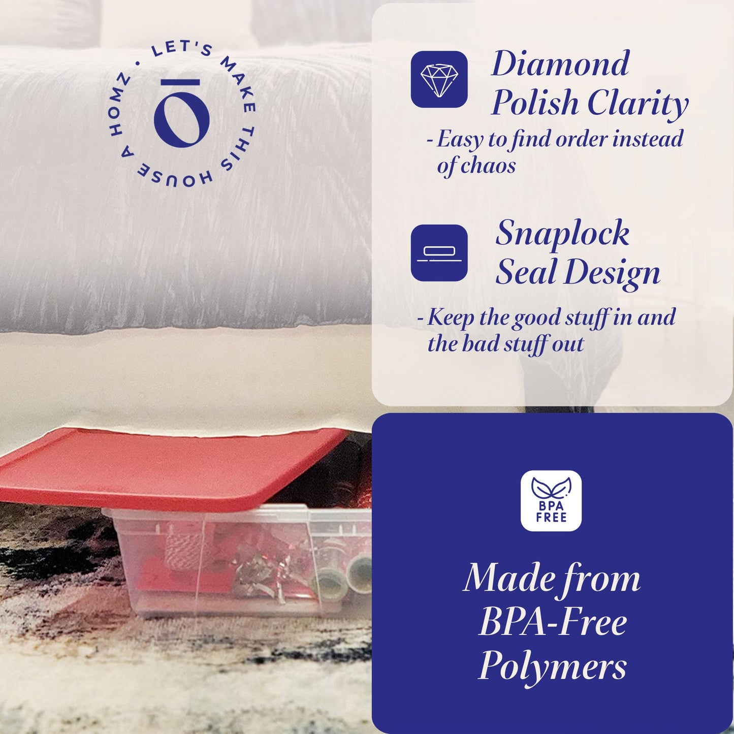 Homz 41Qt Clear Plastic Holiday Storage Container with Red Snap Lock Lid, 2 Pk