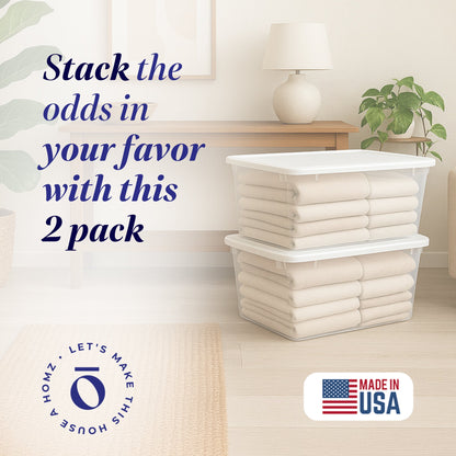 HOMZ 56qt Snaplock Clear Plastic Storage Container Bin with Secure Lid, 2 Pack