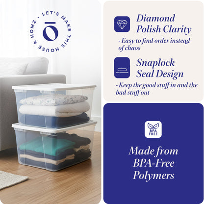 HOMZ 56qt Snaplock Clear Plastic Storage Container Bin with Secure Lid, 2 Pack