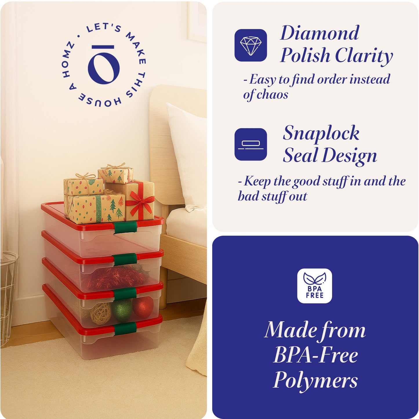 HOMZ 60-Quart Latching Holiday Underbed Storage Container Box, Clear (2 Pack)