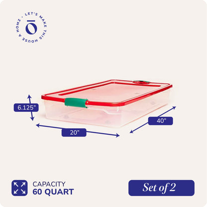 HOMZ 60-Quart Latching Holiday Underbed Storage Container Box, Clear (2 Pack)