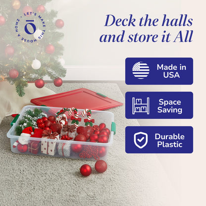 HOMZ 60-Quart Latching Holiday Underbed Storage Container Box, Clear (2 Pack)