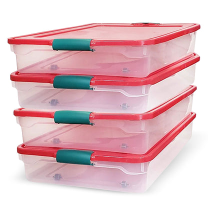 HOMZ 60 Quart Latching Holiday Underbed Storage Container Box, Clear (4 Pack)