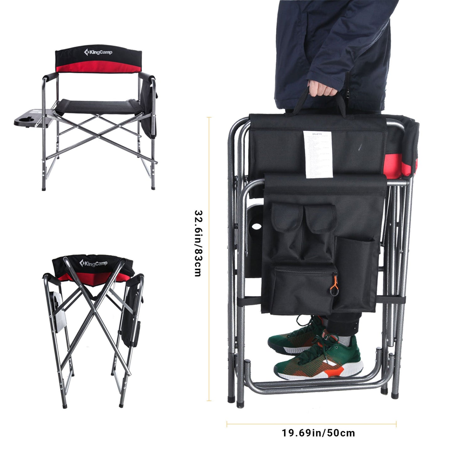 KingCamp Padded Outdoor Folding Chair with Table & Pockets, Black/Red (2 Pack)