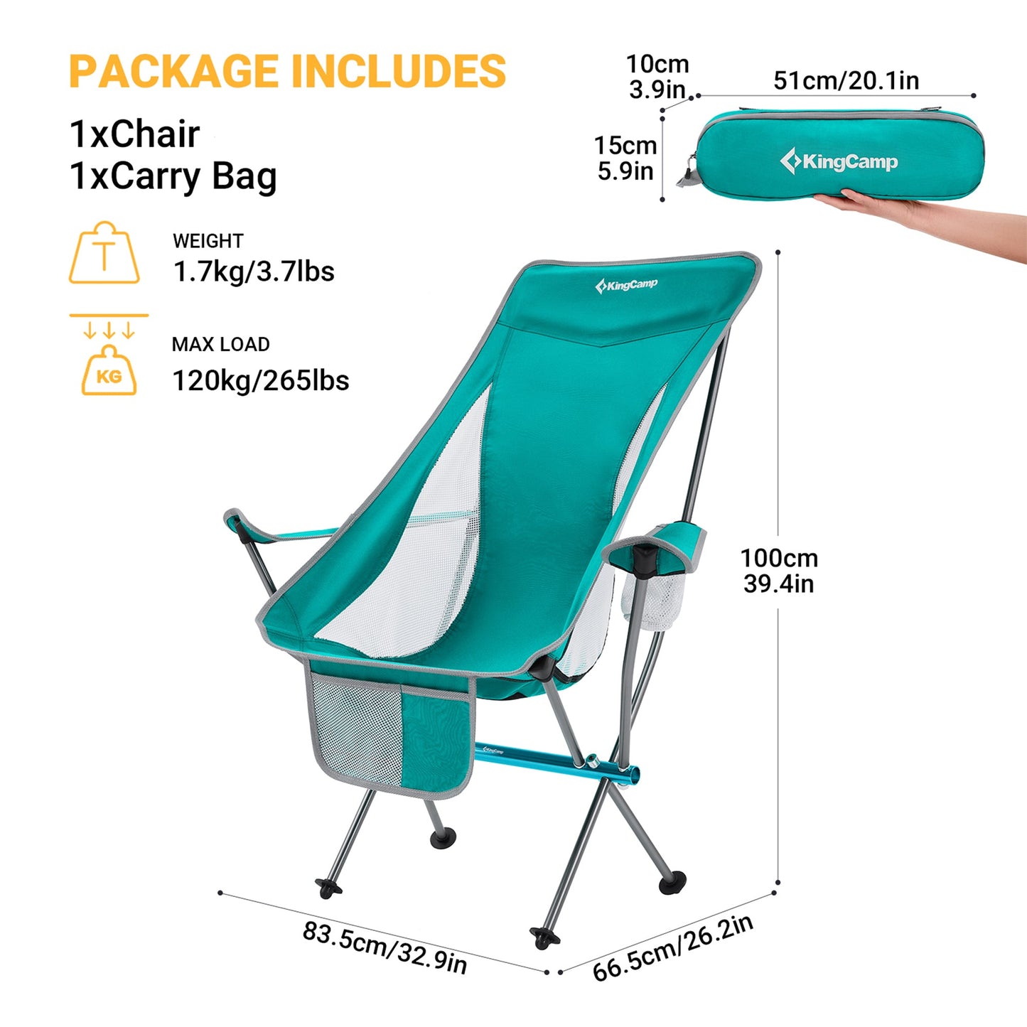 KingCamp Lightweight Highback Camping Lounge Chair with Cupholder & Pocket, Cyan