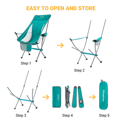 KingCamp Lightweight Highback Camping Lounge Chair with Cupholder & Pocket, Cyan