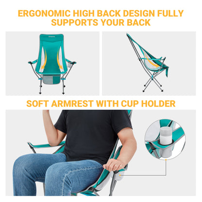 KingCamp Lightweight Highback Camping Lounge Chair with Cupholder & Pocket, Cyan
