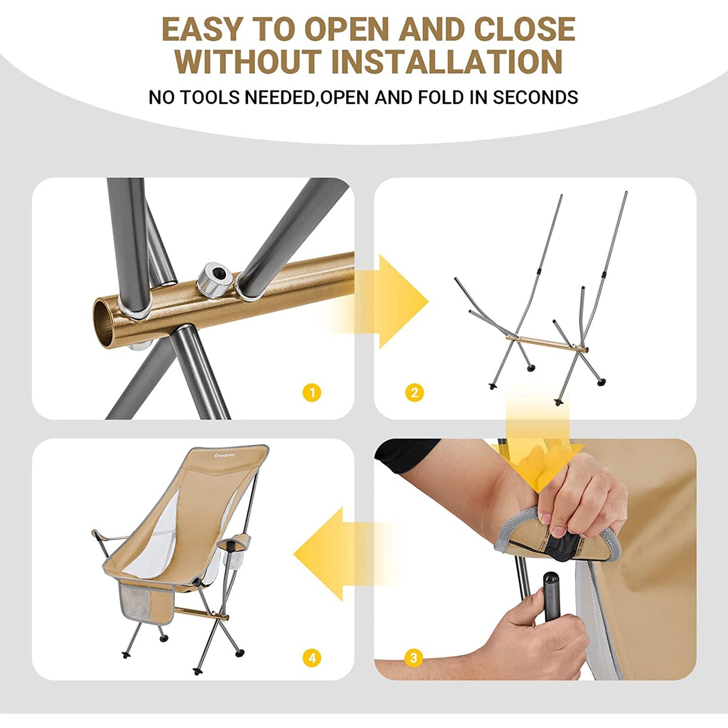 KingCamp Lightweight Highback Camp Lounge Chair with Cupholder & Pocket, Khaki