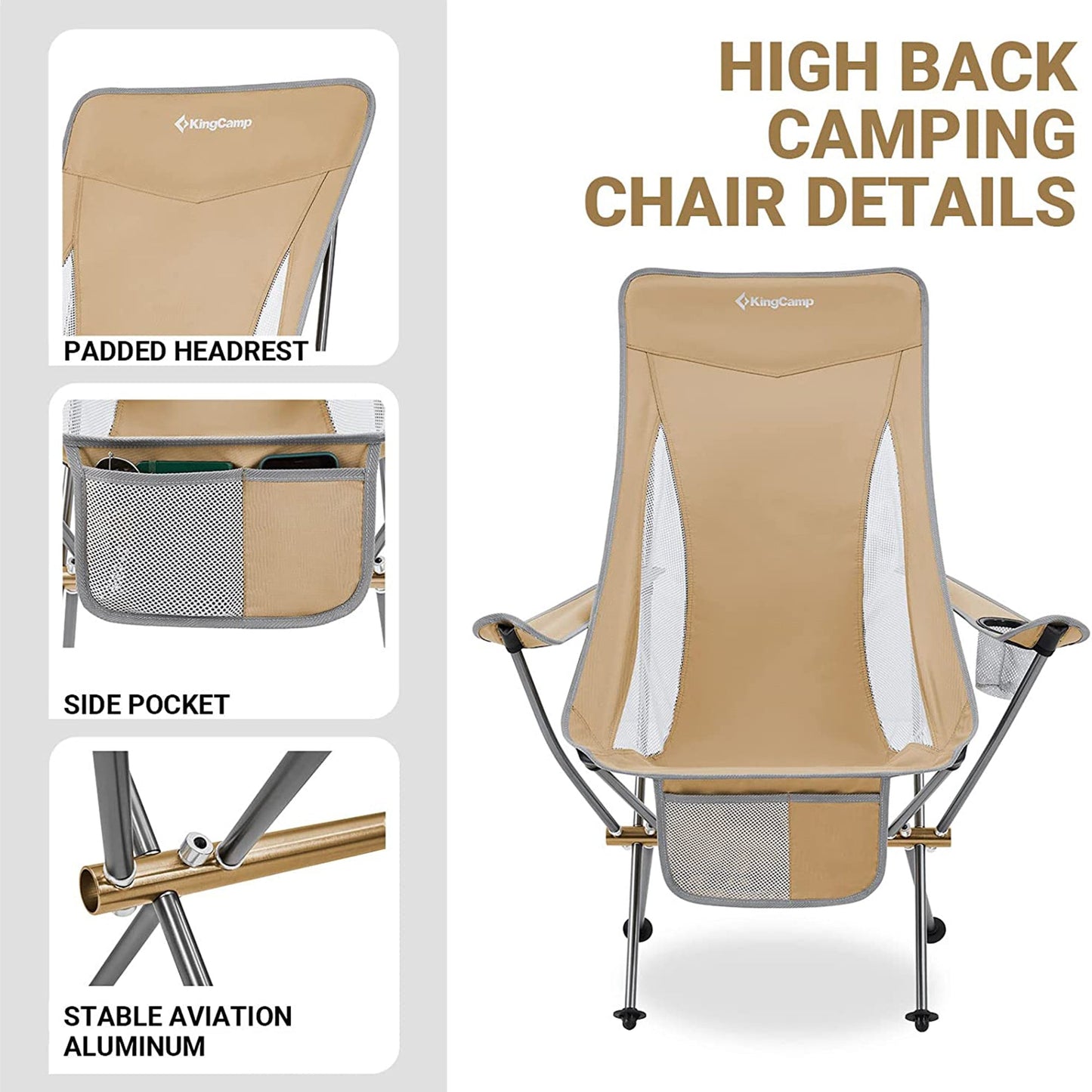 KingCamp Lightweight Highback Camp Lounge Chair with Cupholder & Pocket, Khaki