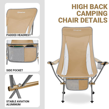 KingCamp Lightweight Highback Camp Lounge Chair with Cupholder & Pocket, Khaki