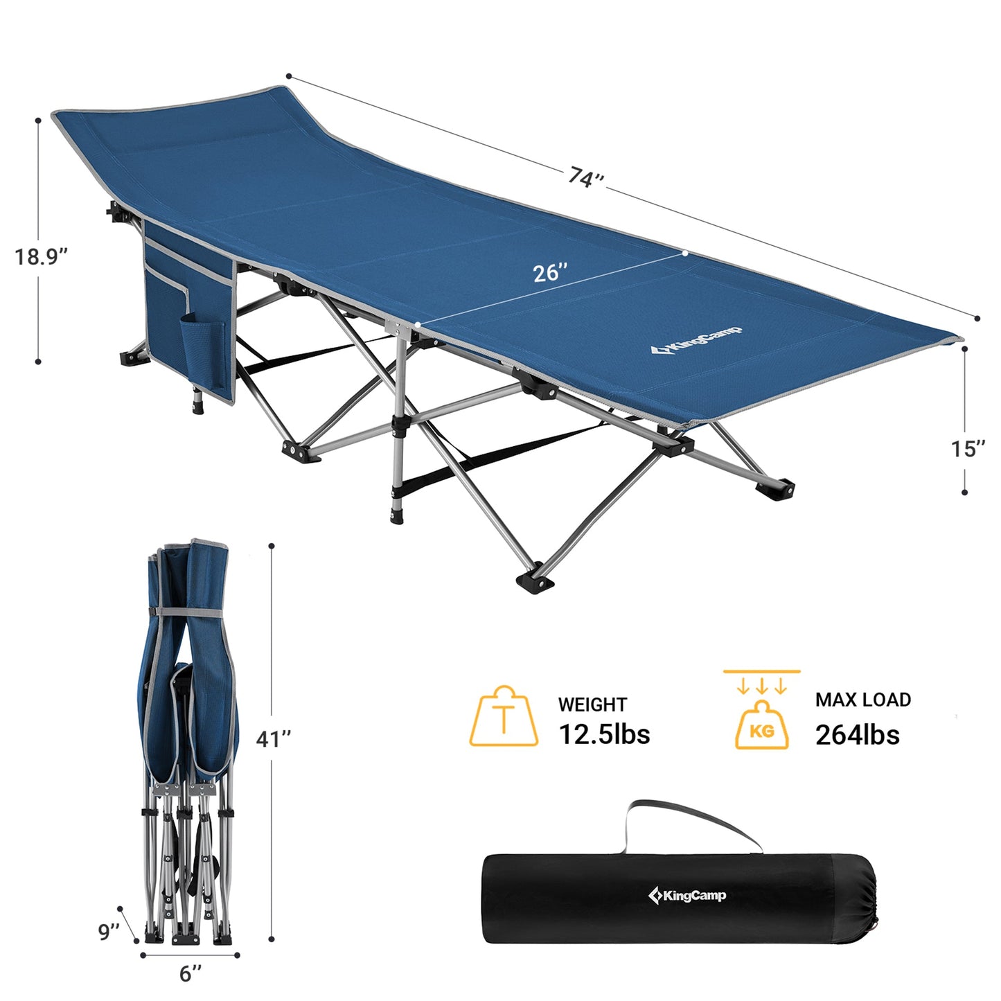 KingCamp Folding Portable Outdoor Camping Cot w/ Multi Layer Side Pocket, Blue