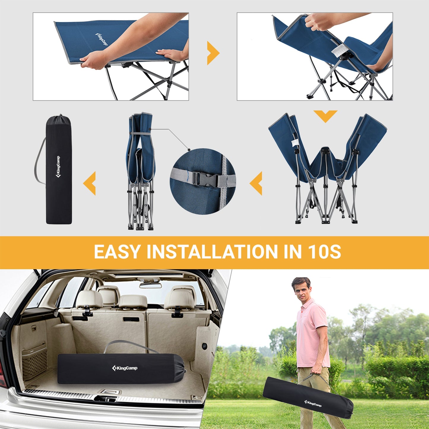 KingCamp Folding Portable Outdoor Camping Cot w/ Multi Layer Side Pocket, Blue