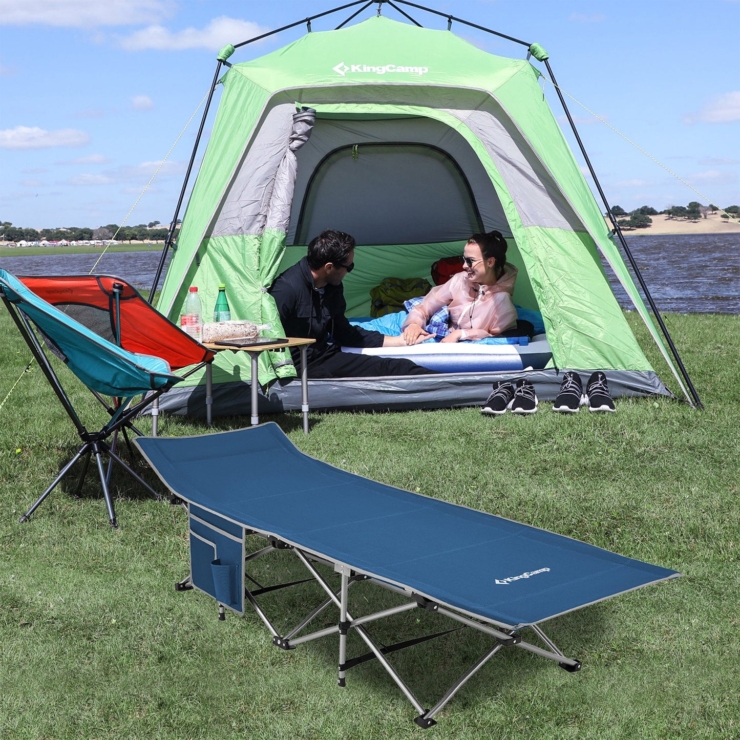 KingCamp Folding Portable Outdoor Camping Cot w/ Multi Layer Side Pocket, Blue