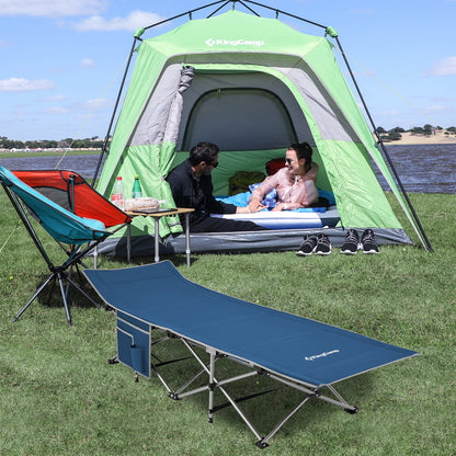 KingCamp Folding Portable Outdoor Camping Cot w/ Multi Layer Side Pocket, Blue