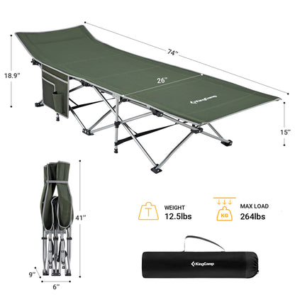 KingCamp Folding Portable Outdoor Camping Cot w/ Multi Layer Side Pocket, Green