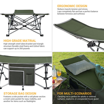 KingCamp Folding Portable Outdoor Camping Cot w/ Multi Layer Side Pocket, Green