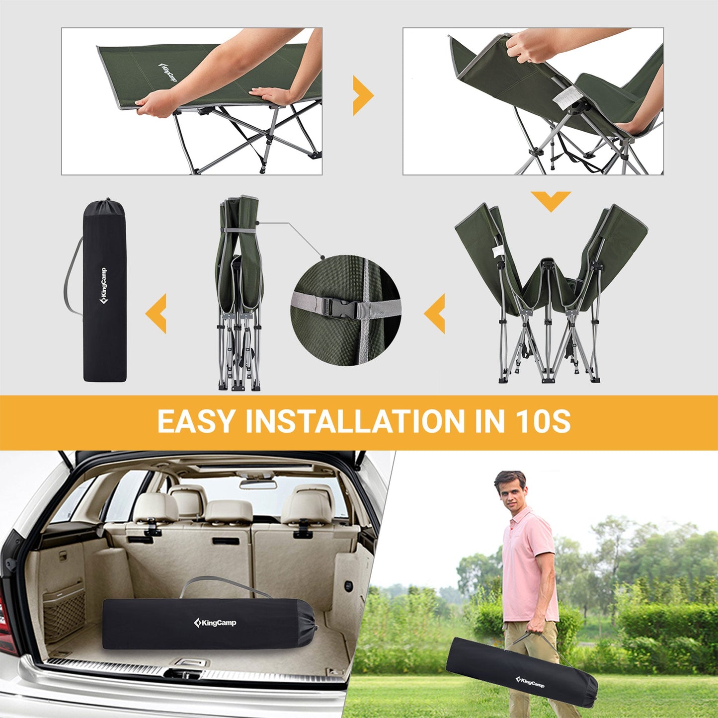 KingCamp Folding Portable Outdoor Camping Cot w/ Multi Layer Side Pocket, Green