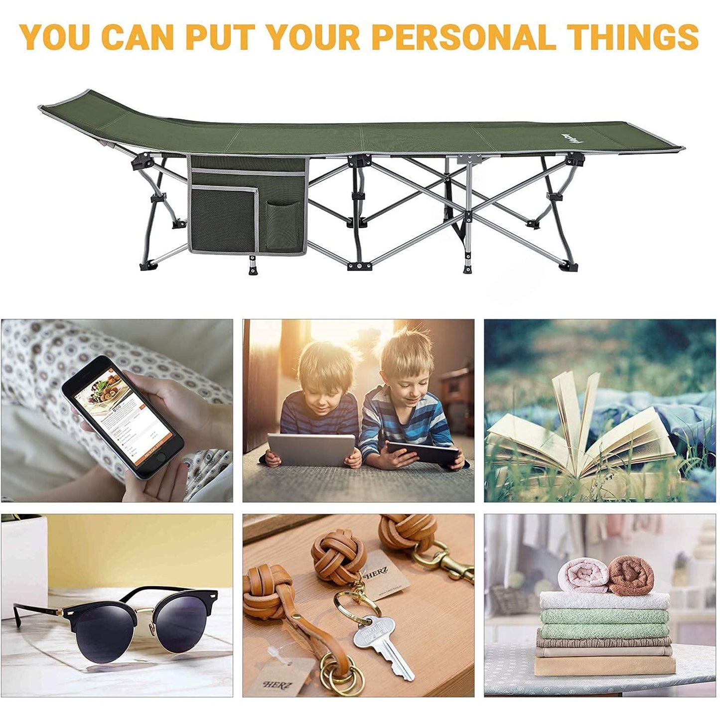 KingCamp Folding Portable Outdoor Camping Cot w/ Multi Layer Side Pocket, Green