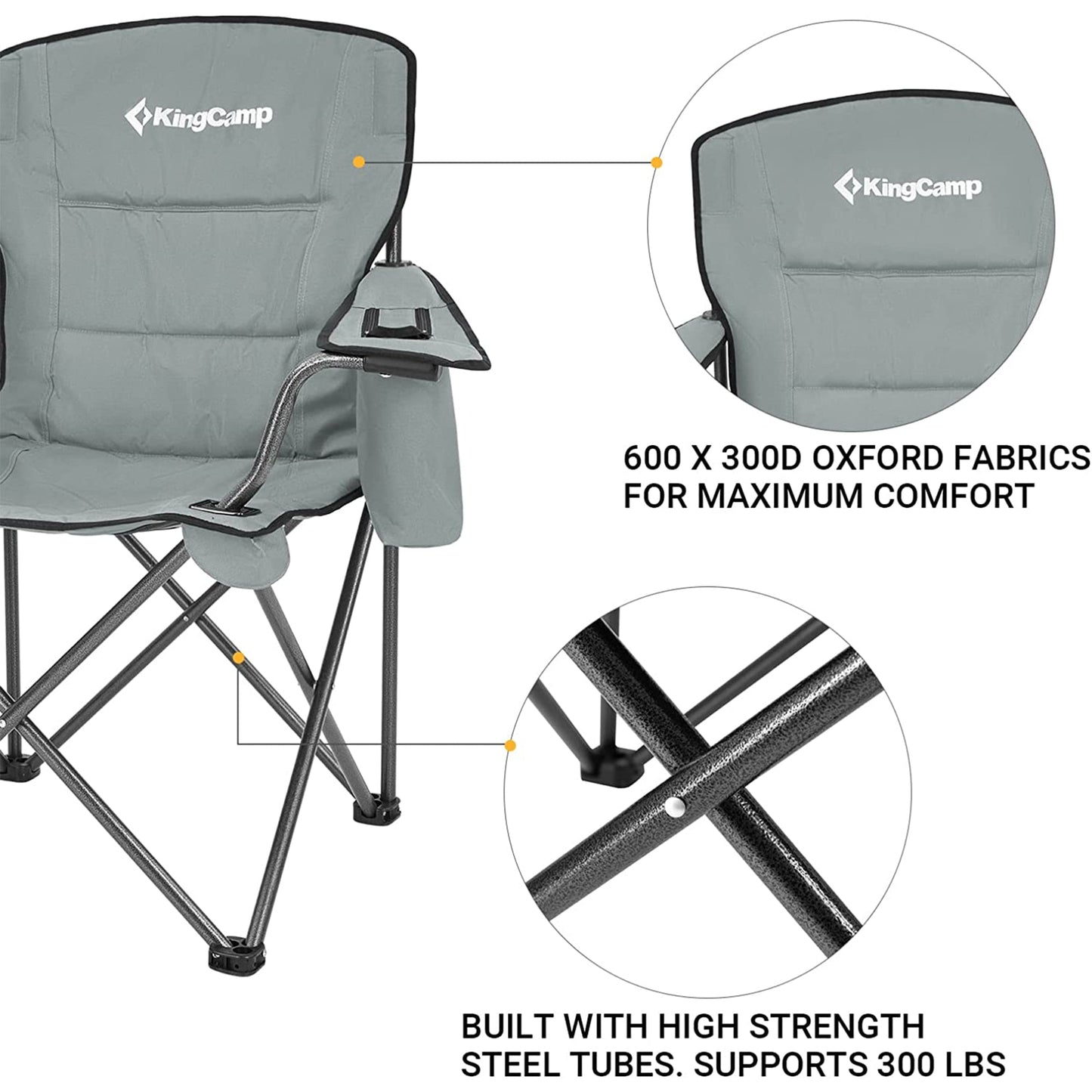 KingCamp Padded Folding Chair with Cupholder, Cooler, and Pocket, Grey (2 Pack)