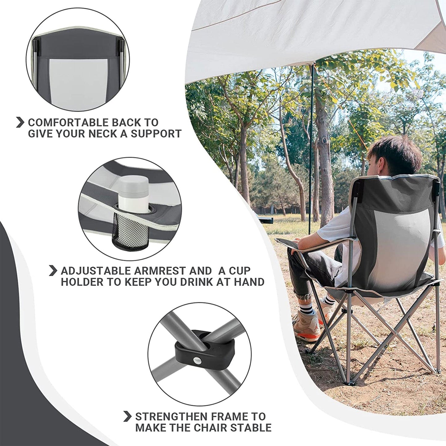 KingCamp Lightweight Folding Outdoor Camping Chair with Cupholder, Black/Grey