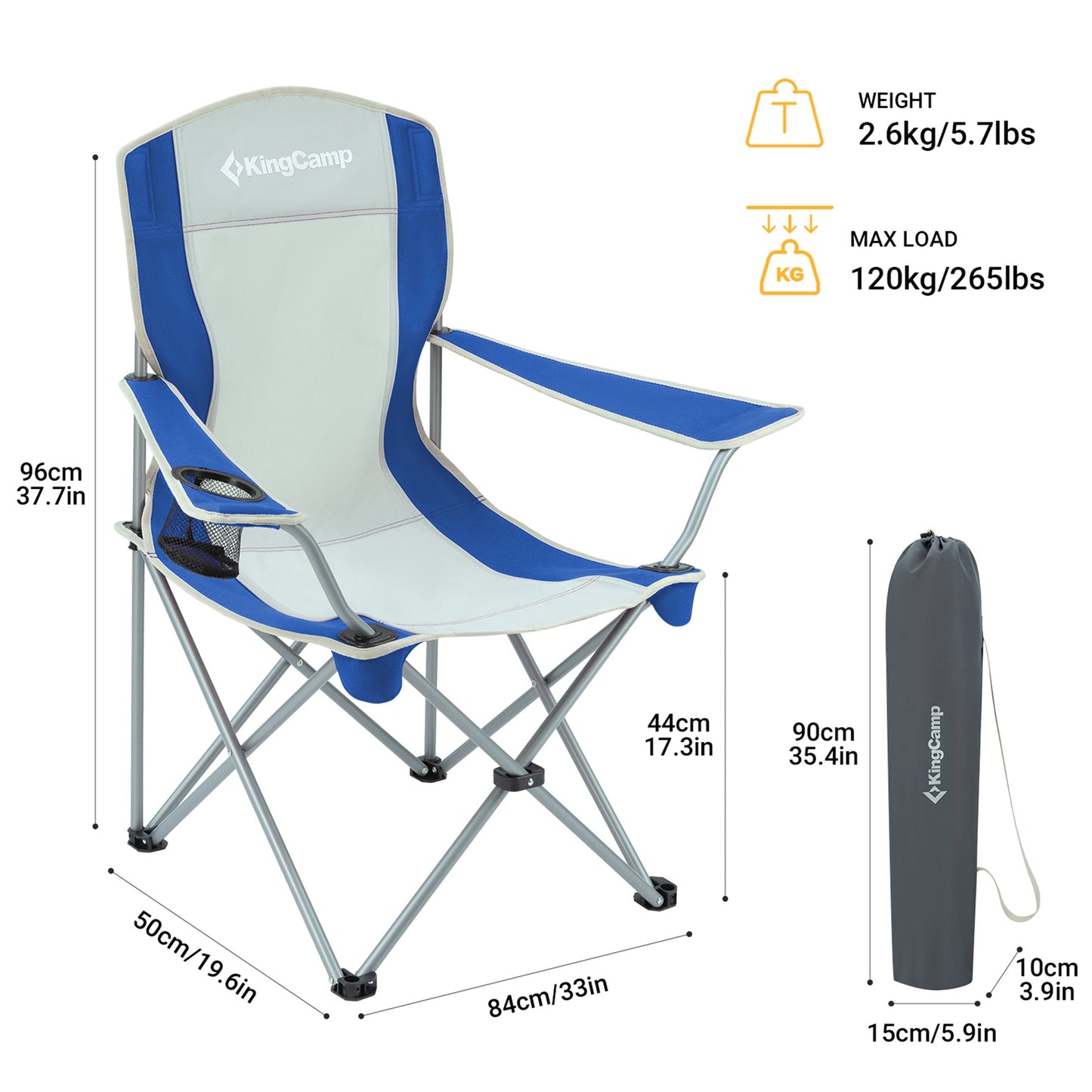 KingCamp Lightweight Folding Outdoor Camping Chair with Cupholder, Blue/Grey